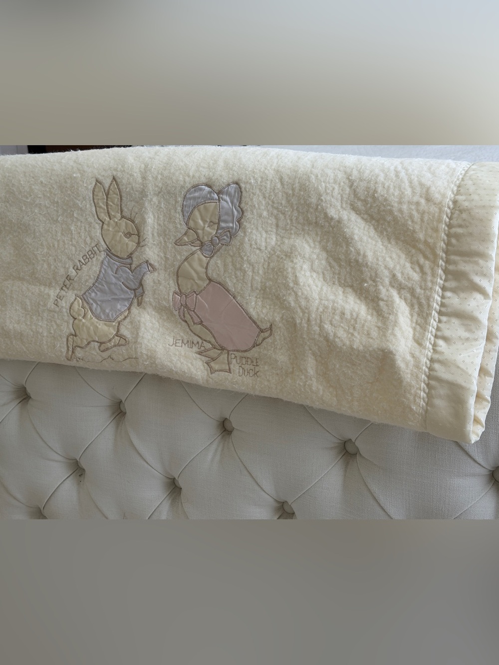 Vintage Quiltex Beatrix Potter Peter Rabbit Embroidered Satin Edge Baby Blanket